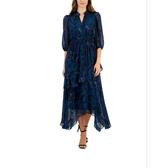 Taylor Women Dresses | Taylor Women Printed Chiffon Midi Dress 3/4 Sleeves Victorian | Color: Blue/Green | Size: 22w | Sisi_Marshmallo's Closet